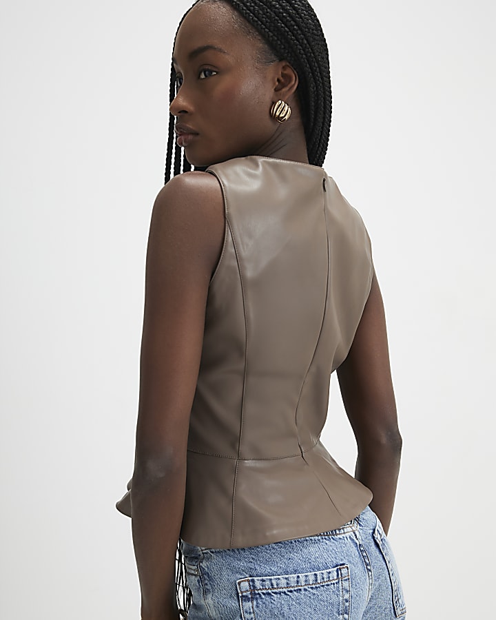 Beige Faux Leather Peplum Top