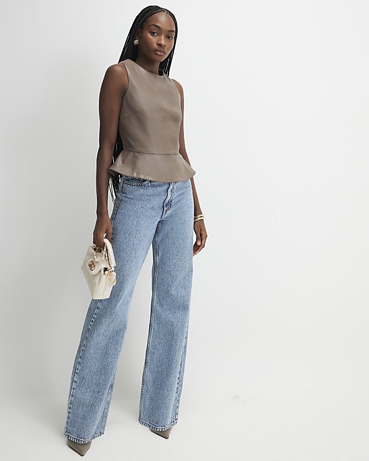 Beige Faux Leather Peplum Top