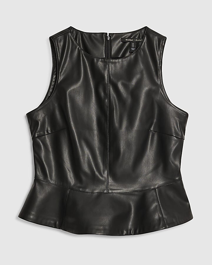 Black Faux Leather Peplum Shell Top