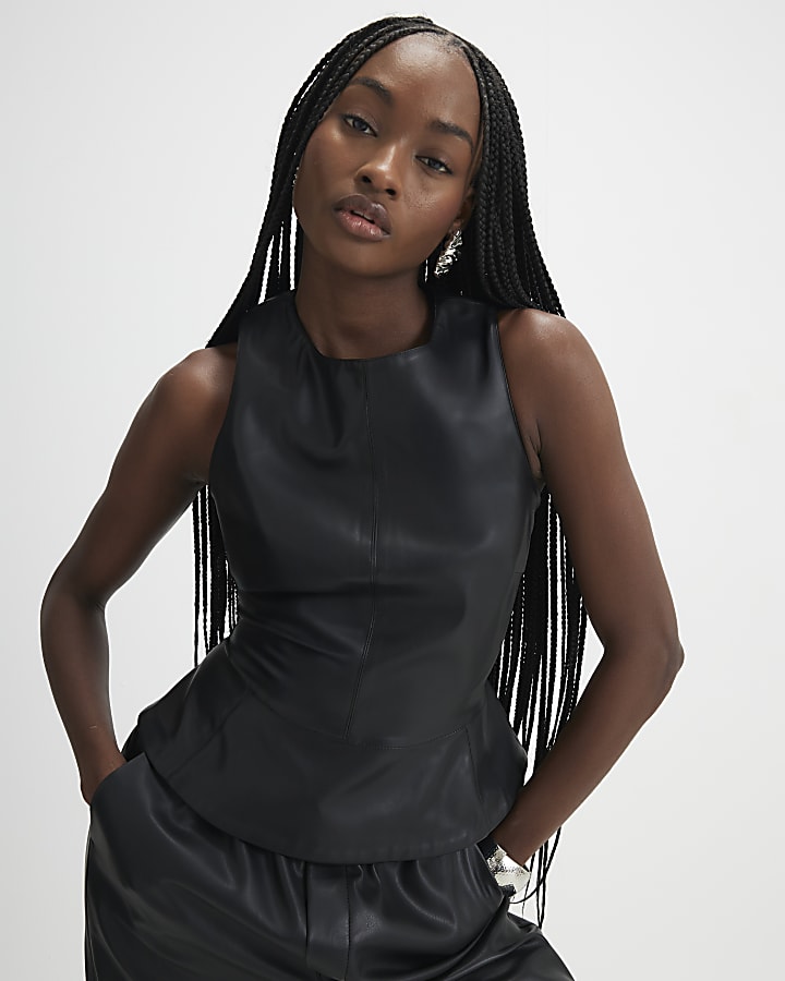 Black Faux Leather Peplum Shell Top