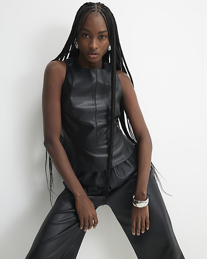 Black Faux Leather Peplum Shell Top
