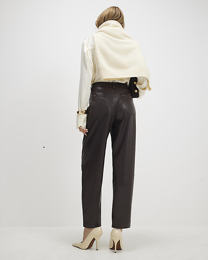 Brown Faux Leather Barrel Leg Trousers