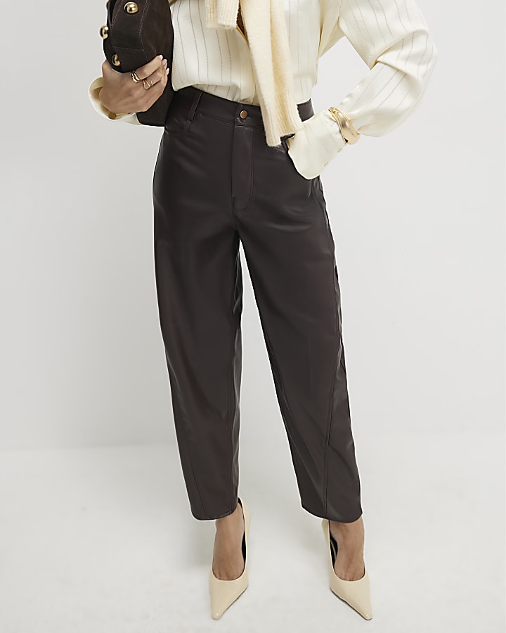 Brown Faux Leather Barrel Leg Trousers