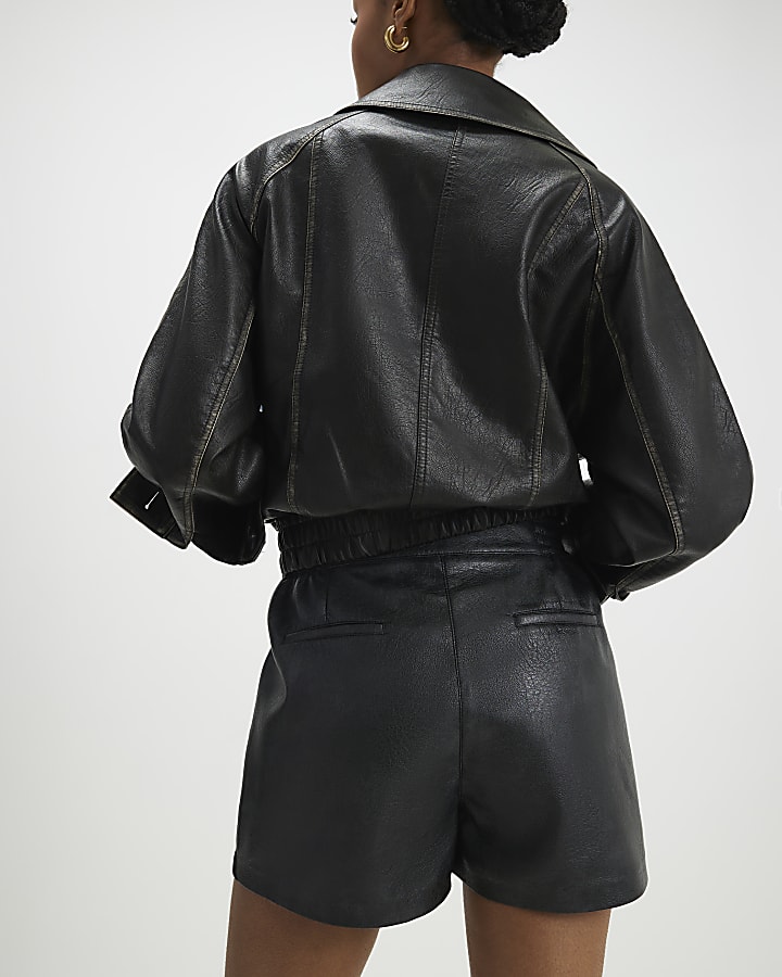 Black Faux Leather Elasticated Shorts