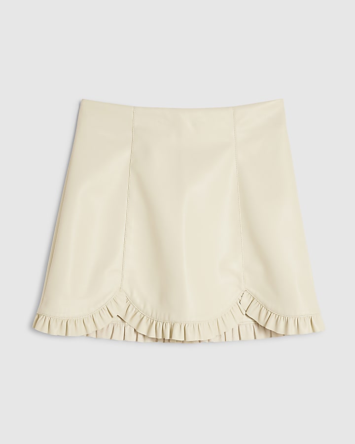 Cream Faux Leather Frill Hem Mini Skirt