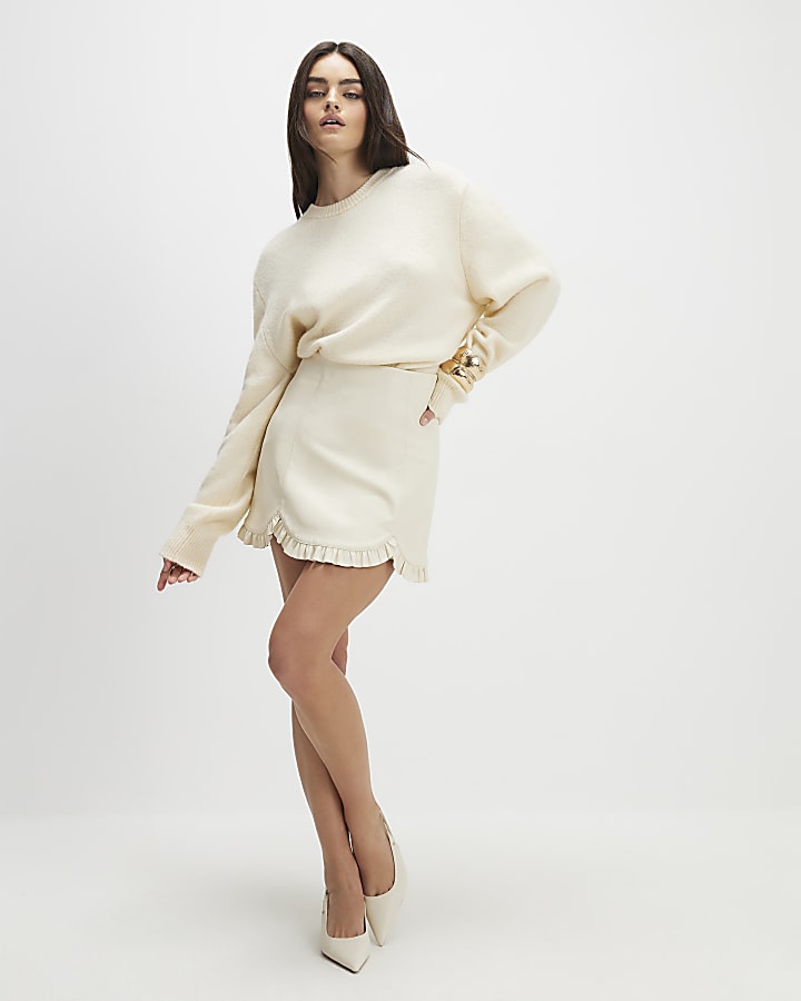 Cream Faux Leather Frill Hem Mini Skirt