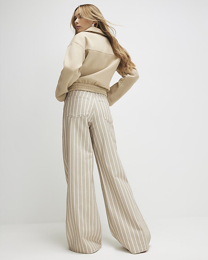 Beige Stripe Wide Leg Trousers