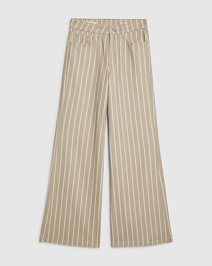 Beige Stripe Wide Leg Trousers