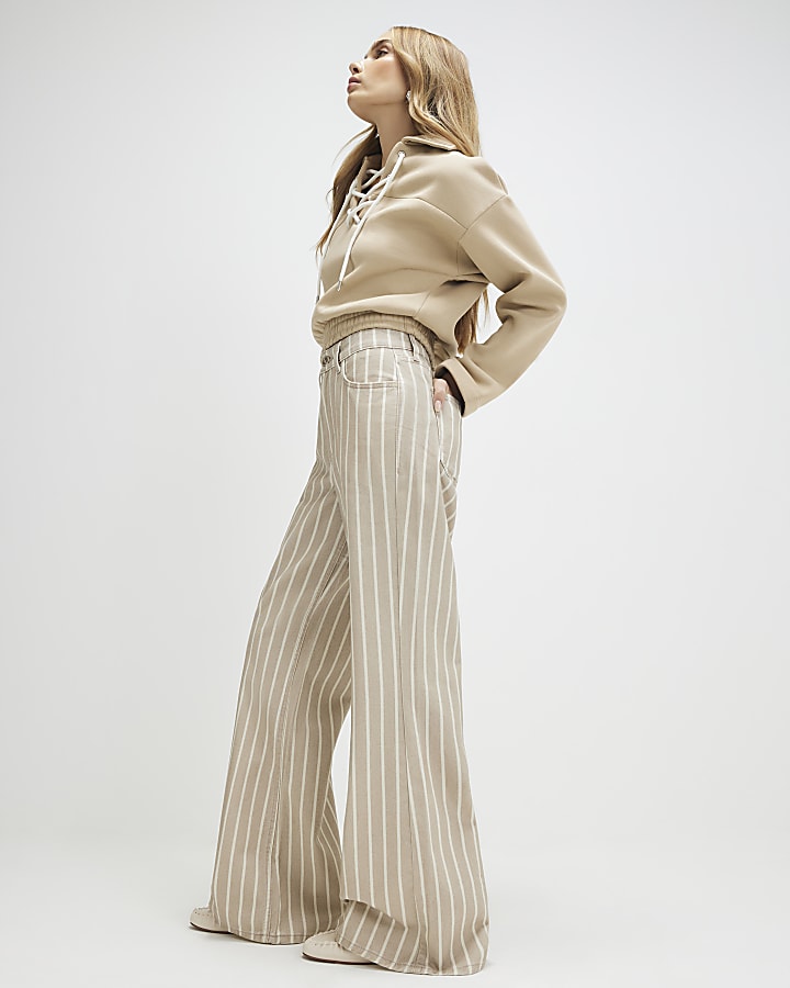 Beige Stripe Wide Leg Trousers