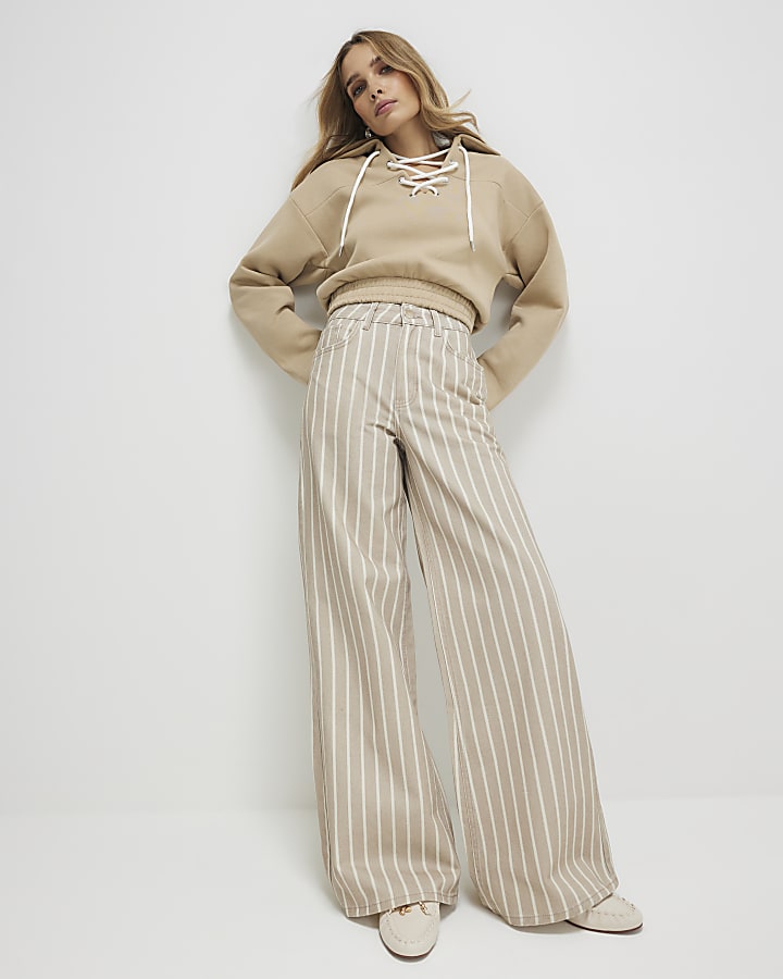 Beige Stripe Wide Leg Trousers