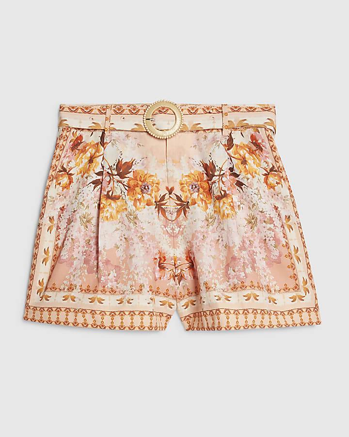 Pink Floral Belted Shorts