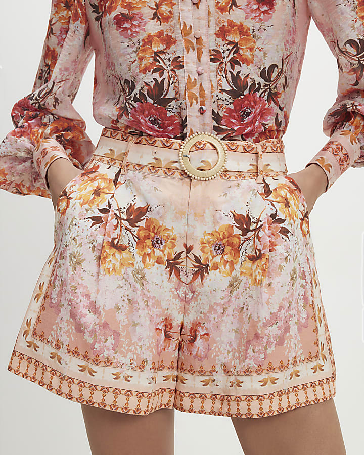 Pink Floral Belted Shorts