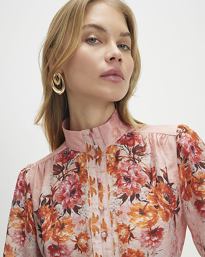 Pink Floral Long Sleeve Blouse