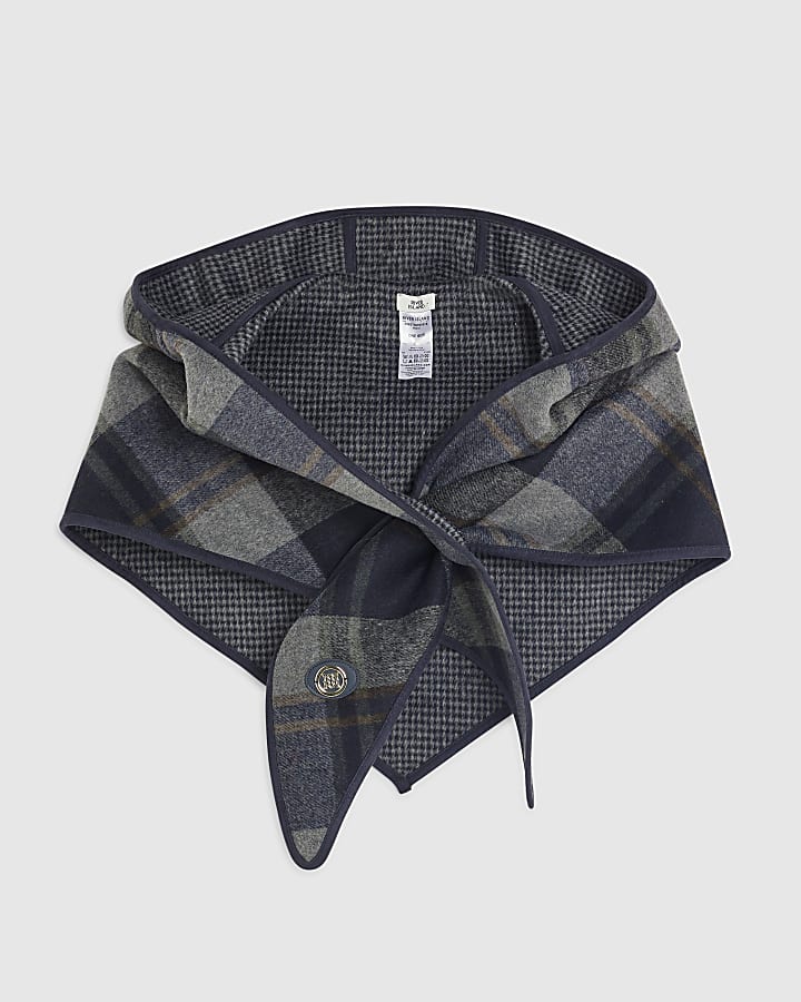 Navy Check Print Scarf Hood