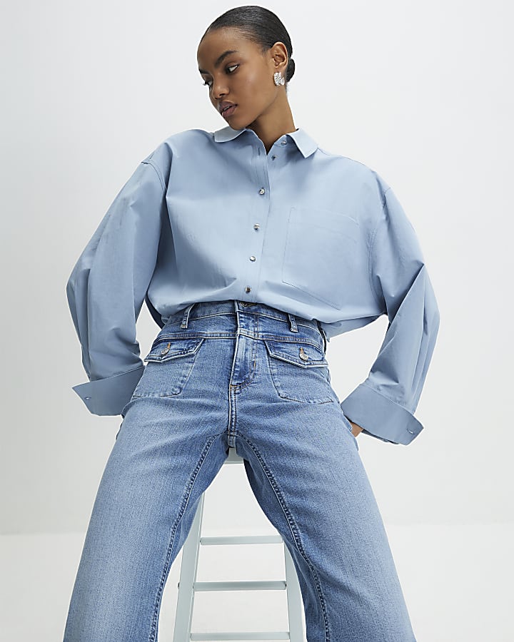 Blue High Waisted Relaxed Flare Jeans