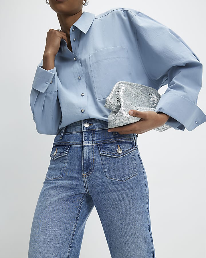 Blue High Waisted Relaxed Flare Jeans