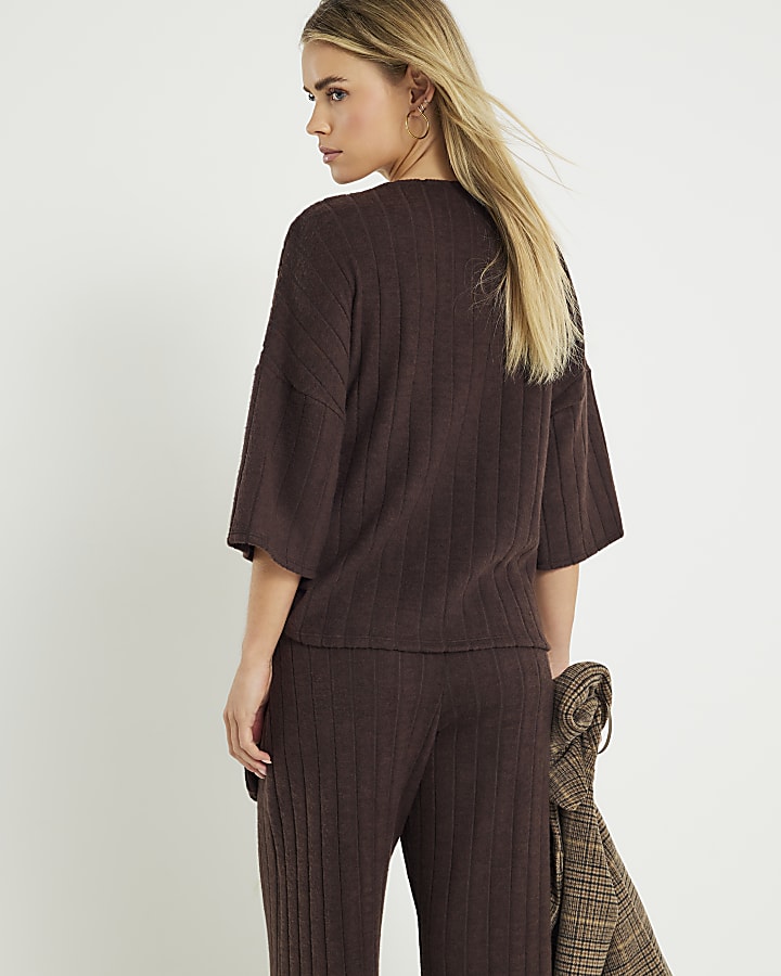 Petite Brown Cosy Wide Rib Knot Side Top