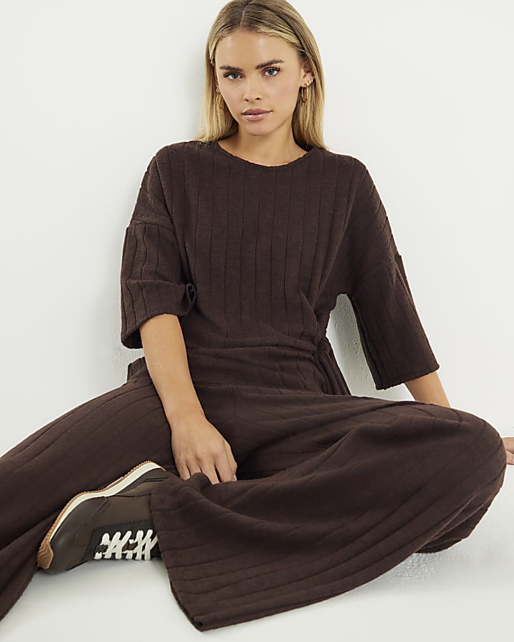 Petite Brown Cosy Wide Rib Knot Side Top