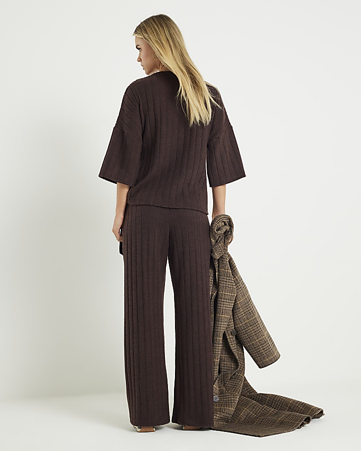 Petite Brown Cosy Wide Ribbed Trousers