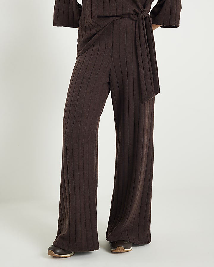 Petite Brown Cosy Wide Ribbed Trousers