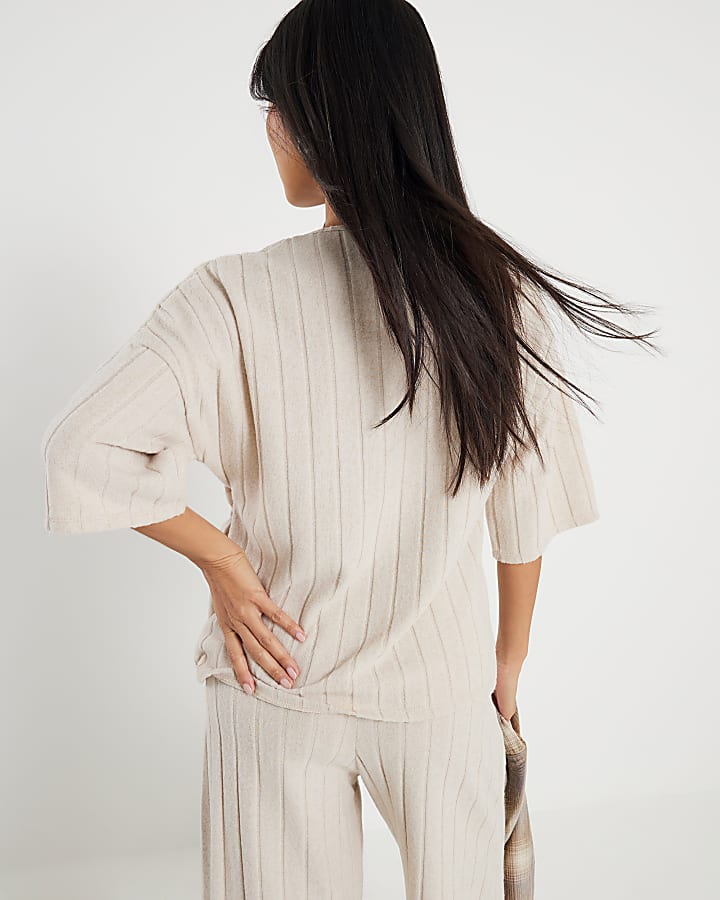 Petite Beige Cosy Wide Ribbed Knot Side Top