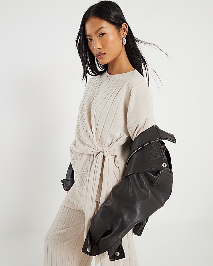 Petite Beige Cosy Wide Ribbed Knot Side Top