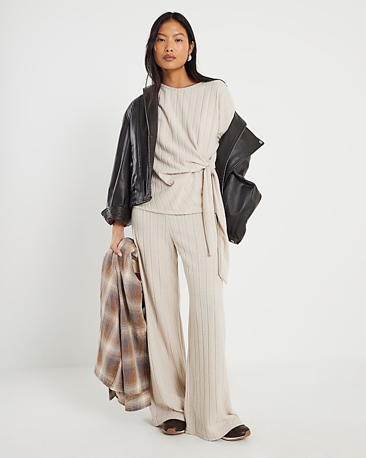 Petite Beige Cosy Wide Ribbed Knot Side Top