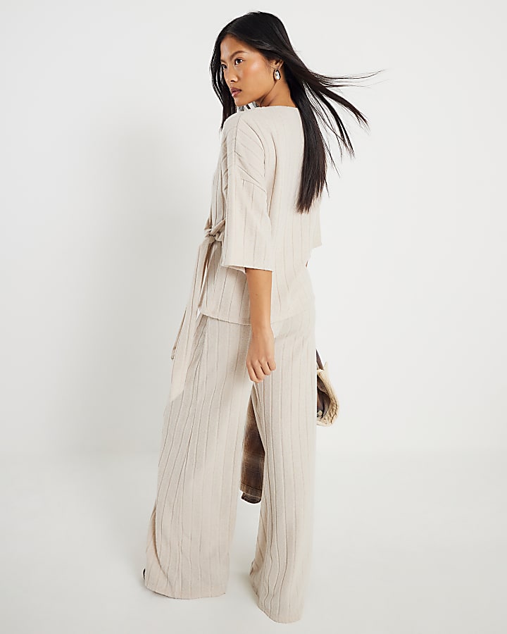 Petite Beige Cosy Wide Ribbed Trousers