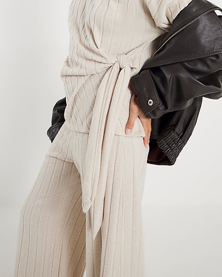 Petite Beige Cosy Wide Ribbed Trousers