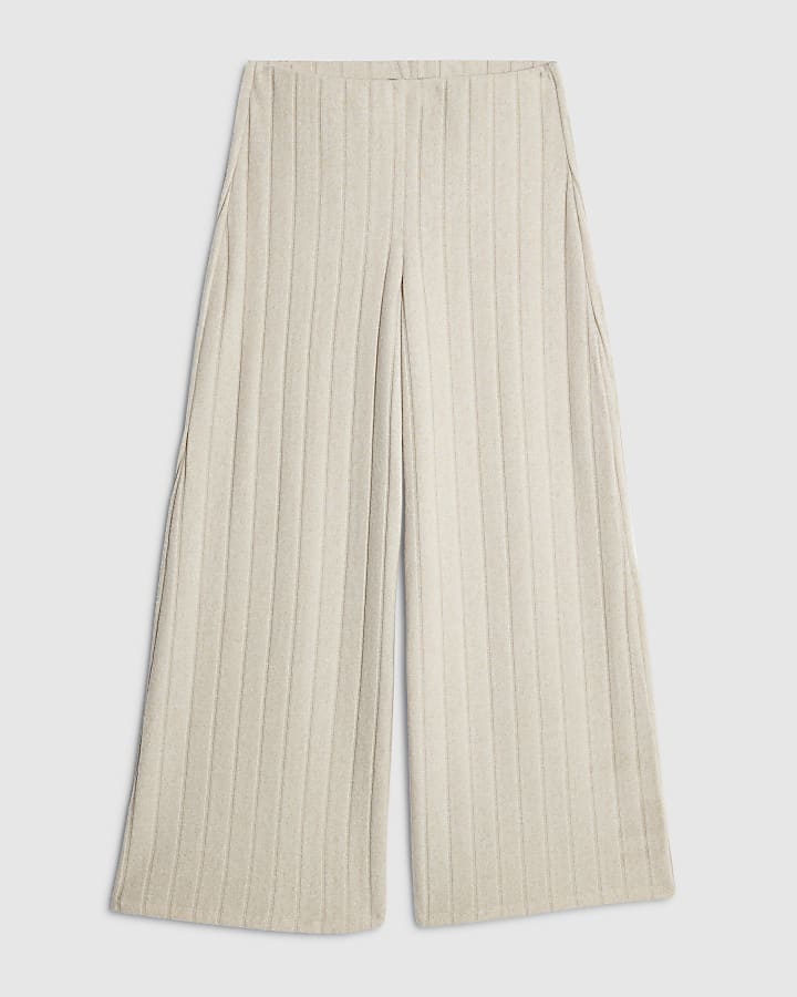 Petite Beige Cosy Wide Ribbed Trousers