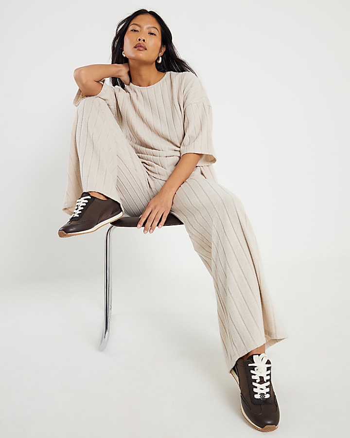 Petite Beige Cosy Wide Ribbed Trousers