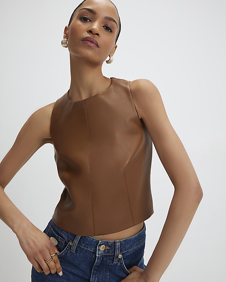 Brown Faux Leather Sleeveless Top