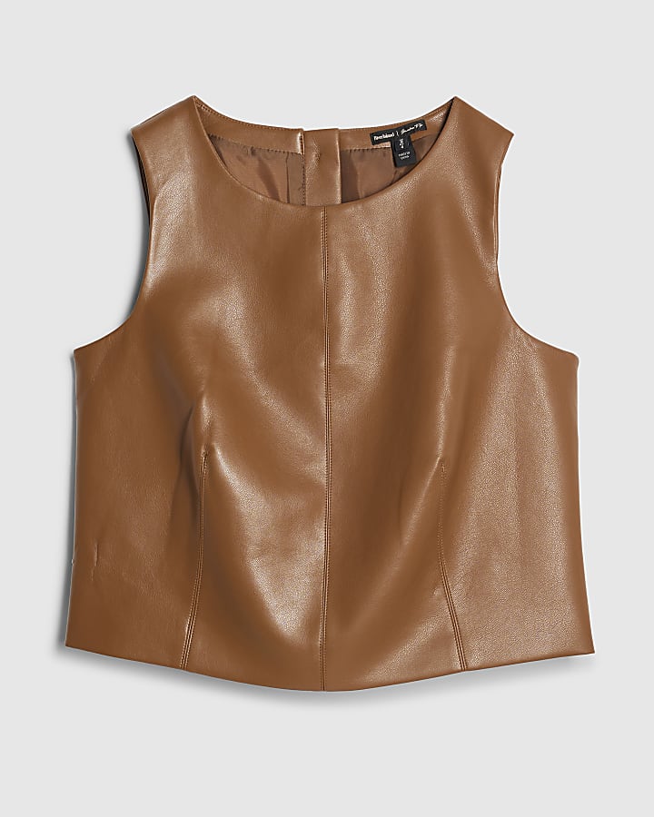 Brown Faux Leather Sleeveless Top