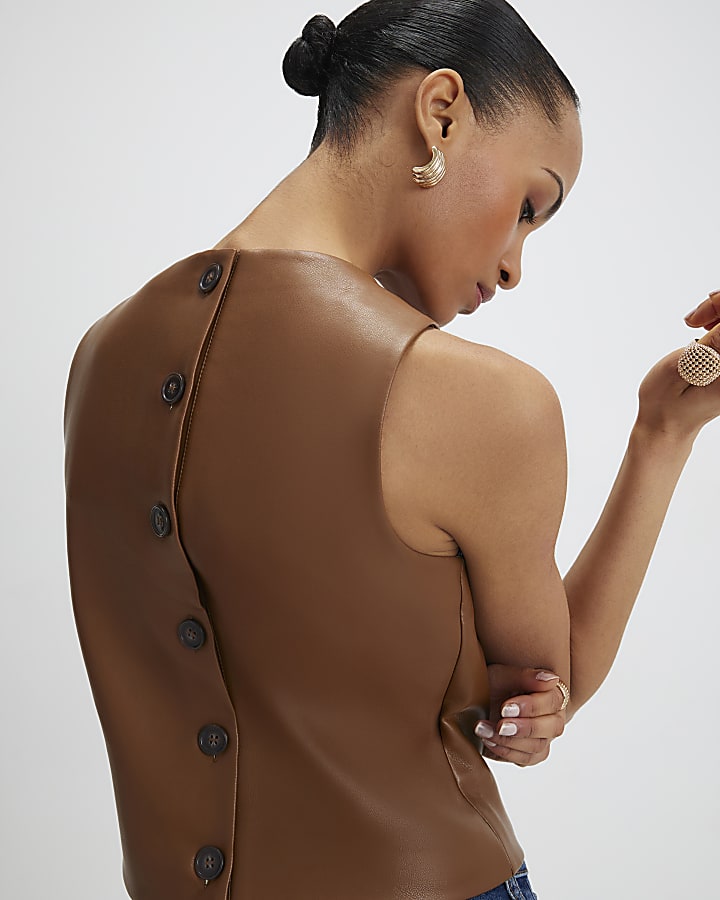 Brown Faux Leather Sleeveless Top