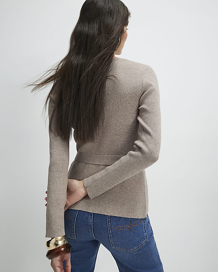 Beige Knitted Tie Waist Cardigan