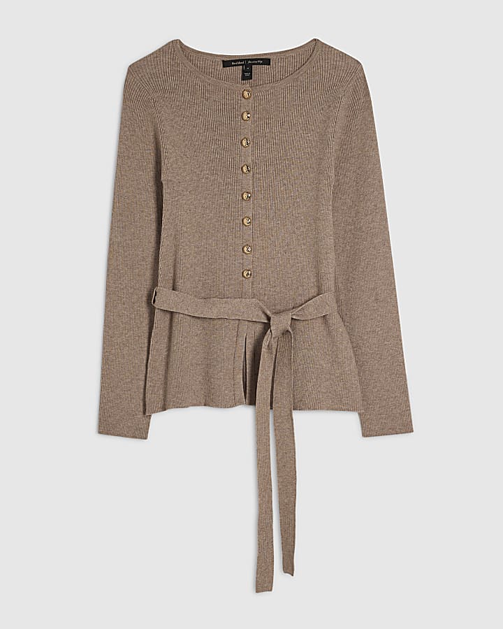Beige Knitted Tie Waist Cardigan