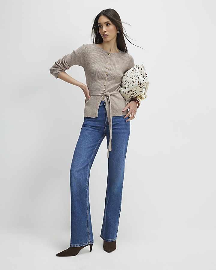 Beige Knitted Tie Waist Cardigan