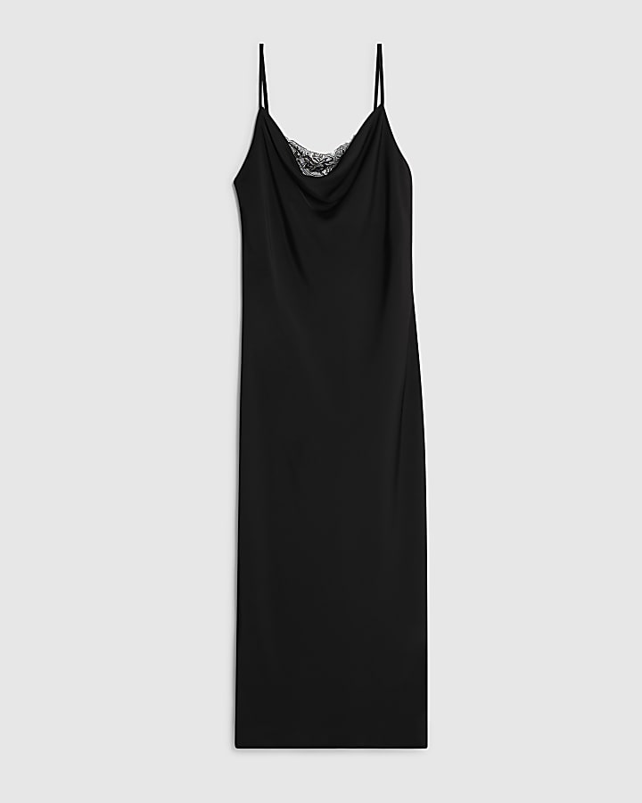 Black Strappy Cowl Neck Lace Trim Midi Dress