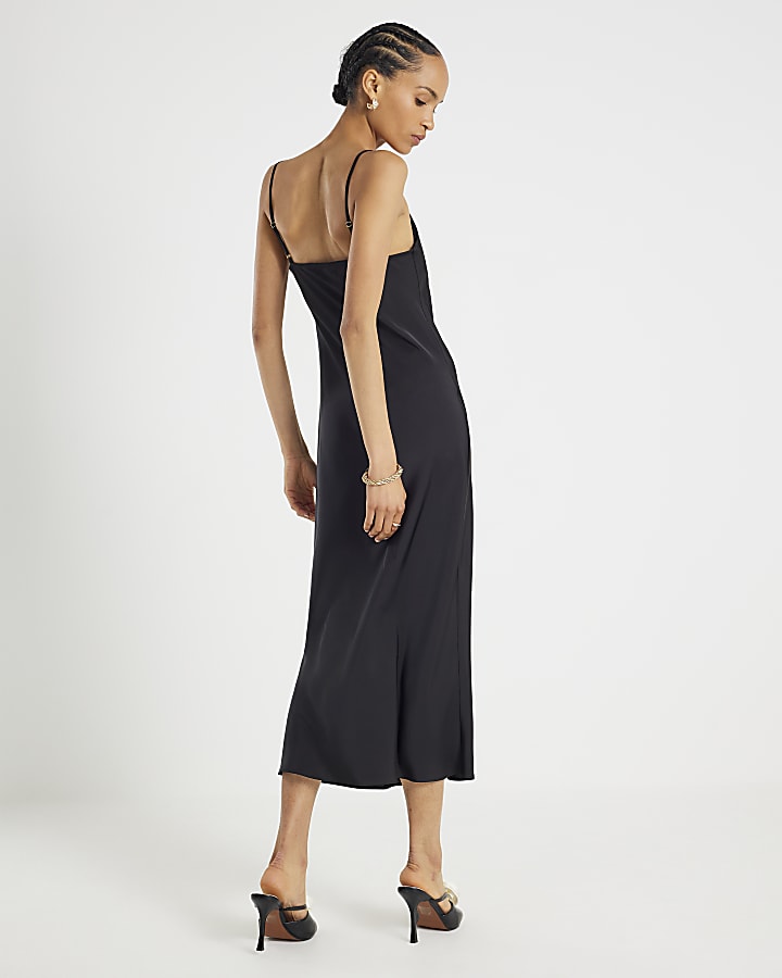 Black Strappy Cowl Neck Lace Trim Midi Dress