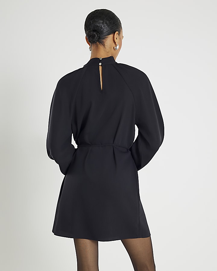 Black Long Sleeve Twist Neck Mini Dress