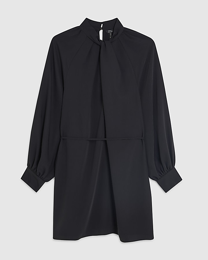 Black Long Sleeve Twist Neck Mini Dress
