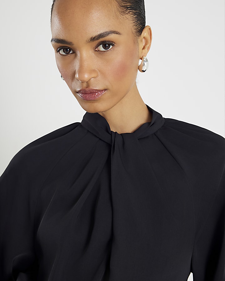 Black Long Sleeve Twist Neck Mini Dress