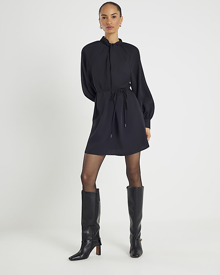 Black Long Sleeve Twist Neck Mini Dress