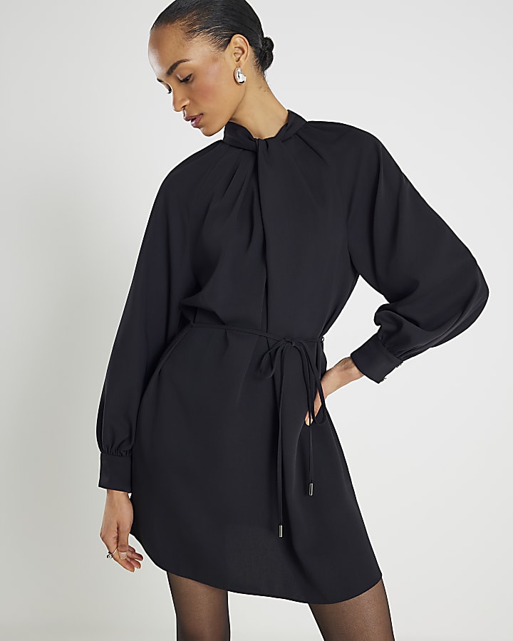Black Long Sleeve Twist Neck Mini Dress
