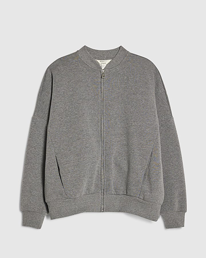 Grey Long Sleeve Zip Up Bomber Sweatshirt