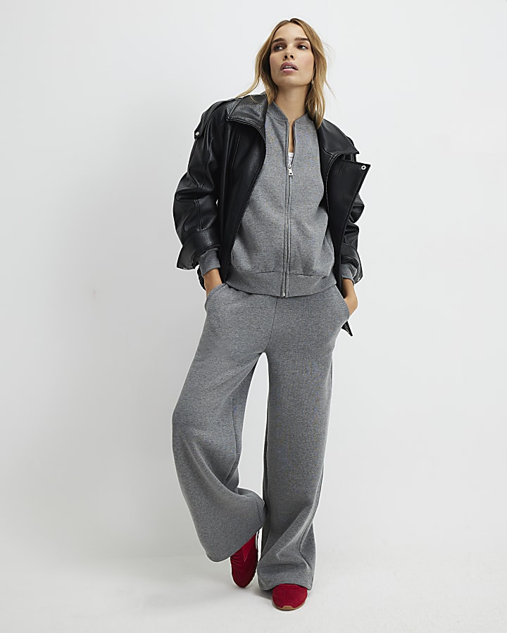 Grey Long Sleeve Zip Up Bomber Sweatshirt