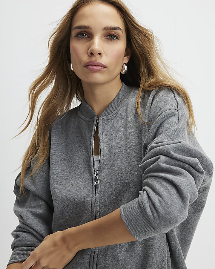Grey Long Sleeve Zip Up Bomber Sweatshirt