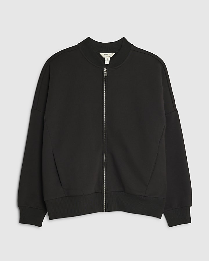 Black Long Sleeve Zip Up Bomber Sweatshirt