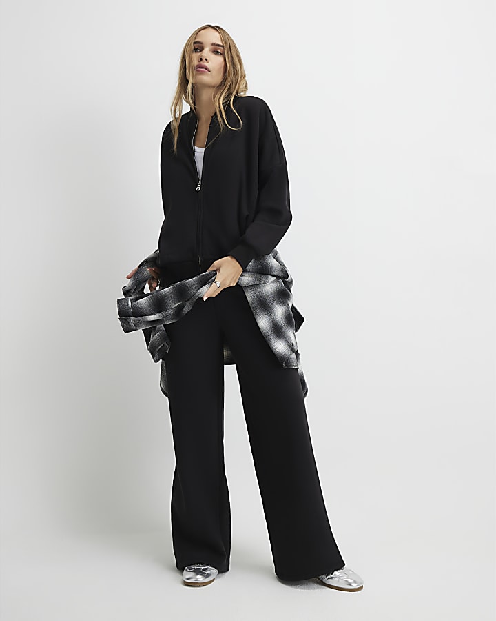 Black Long Sleeve Zip Up Bomber Sweatshirt