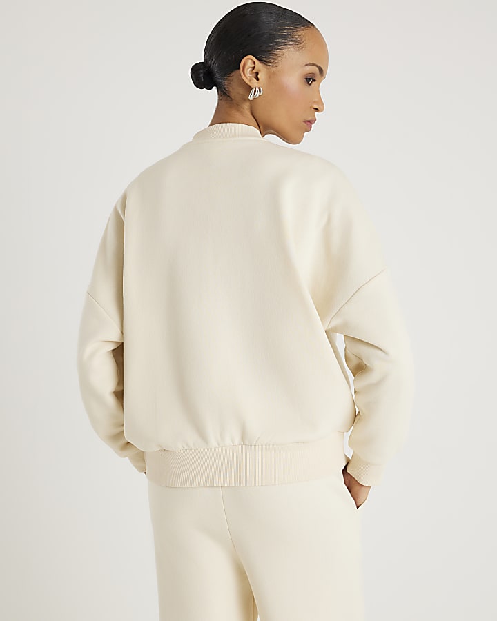 Cream Long Sleeve Zip Up Bomber Sweatshirt